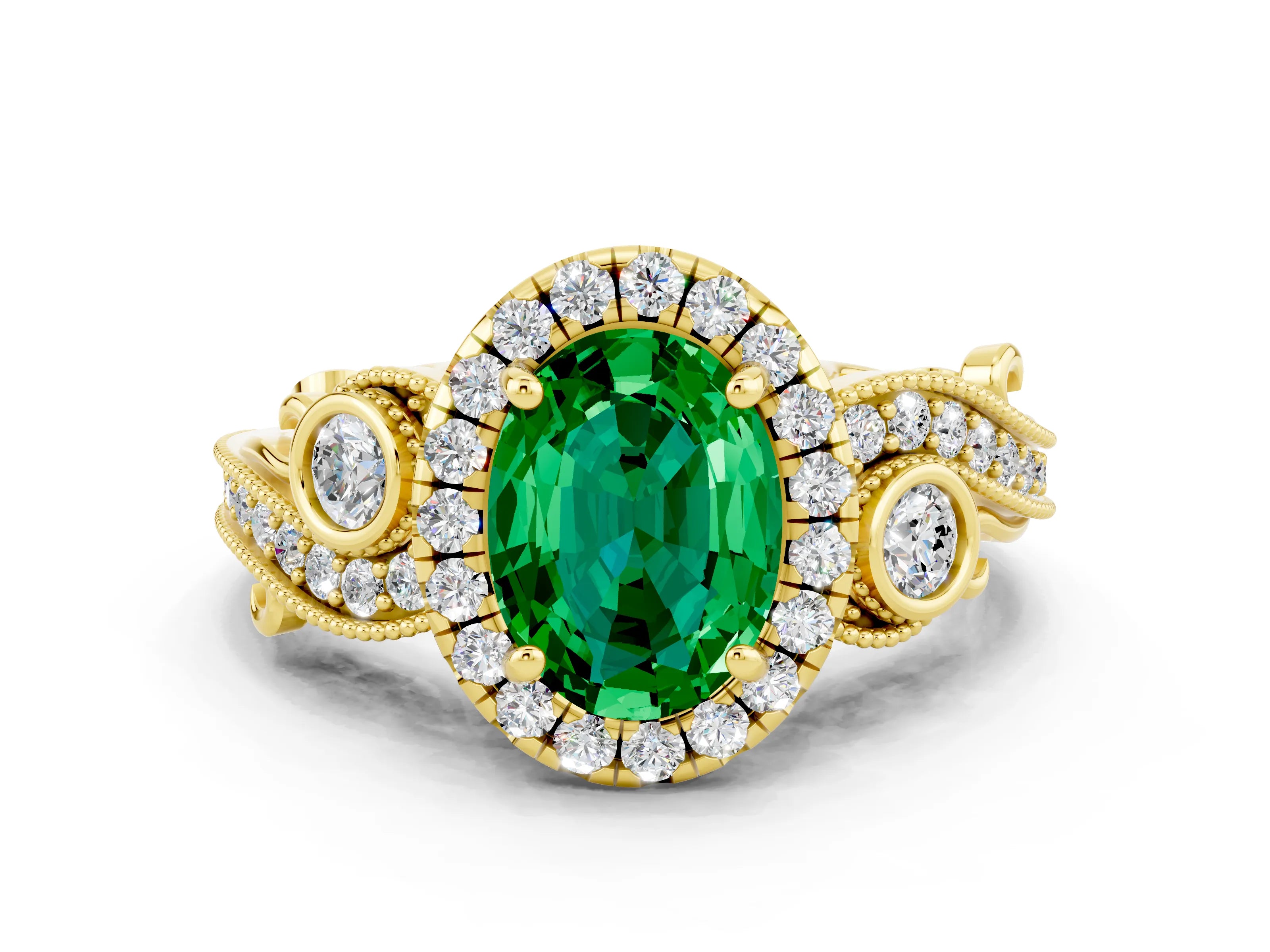 Yellow gold Oval Cut Emerald Halo Ring with Milgrain Pavé Band and Four-Prong Setting_32