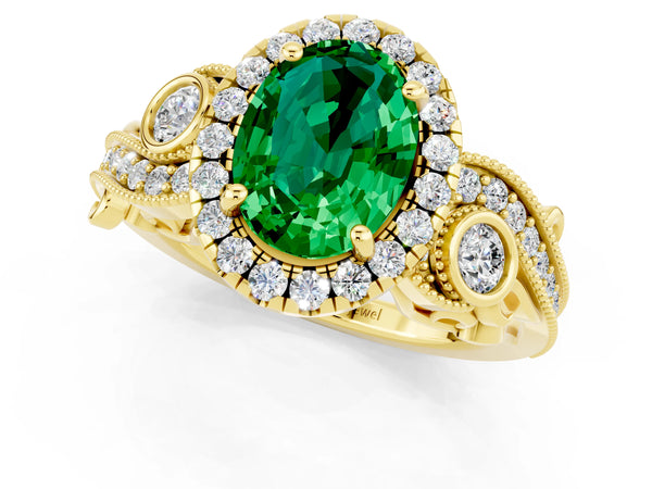 Yellow gold Oval Cut Emerald Halo Ring with Milgrain Pavé Band and Four-Prong Setting