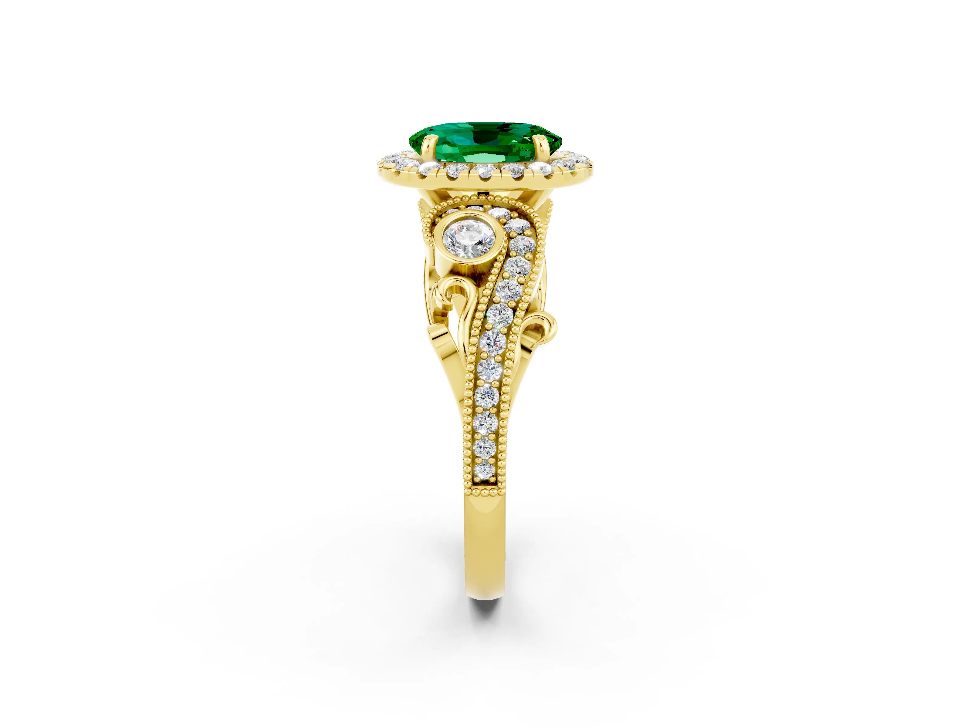 Yellow gold Oval Cut Emerald Halo Ring with Milgrain Pavé Band and Four-Prong Setting_34