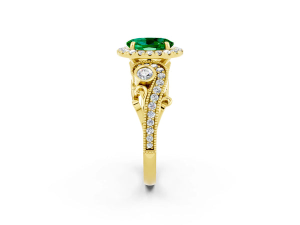 Yellow gold Oval Cut Emerald Halo Ring with Milgrain Pavé Band and Four-Prong Setting