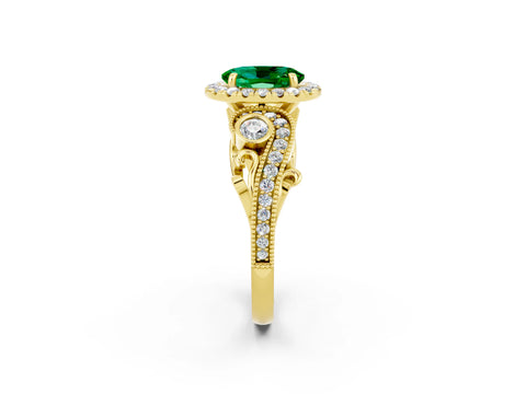 Yellow gold Oval Cut Emerald Halo Ring with Milgrain Pavé Band and Four-Prong Setting_34