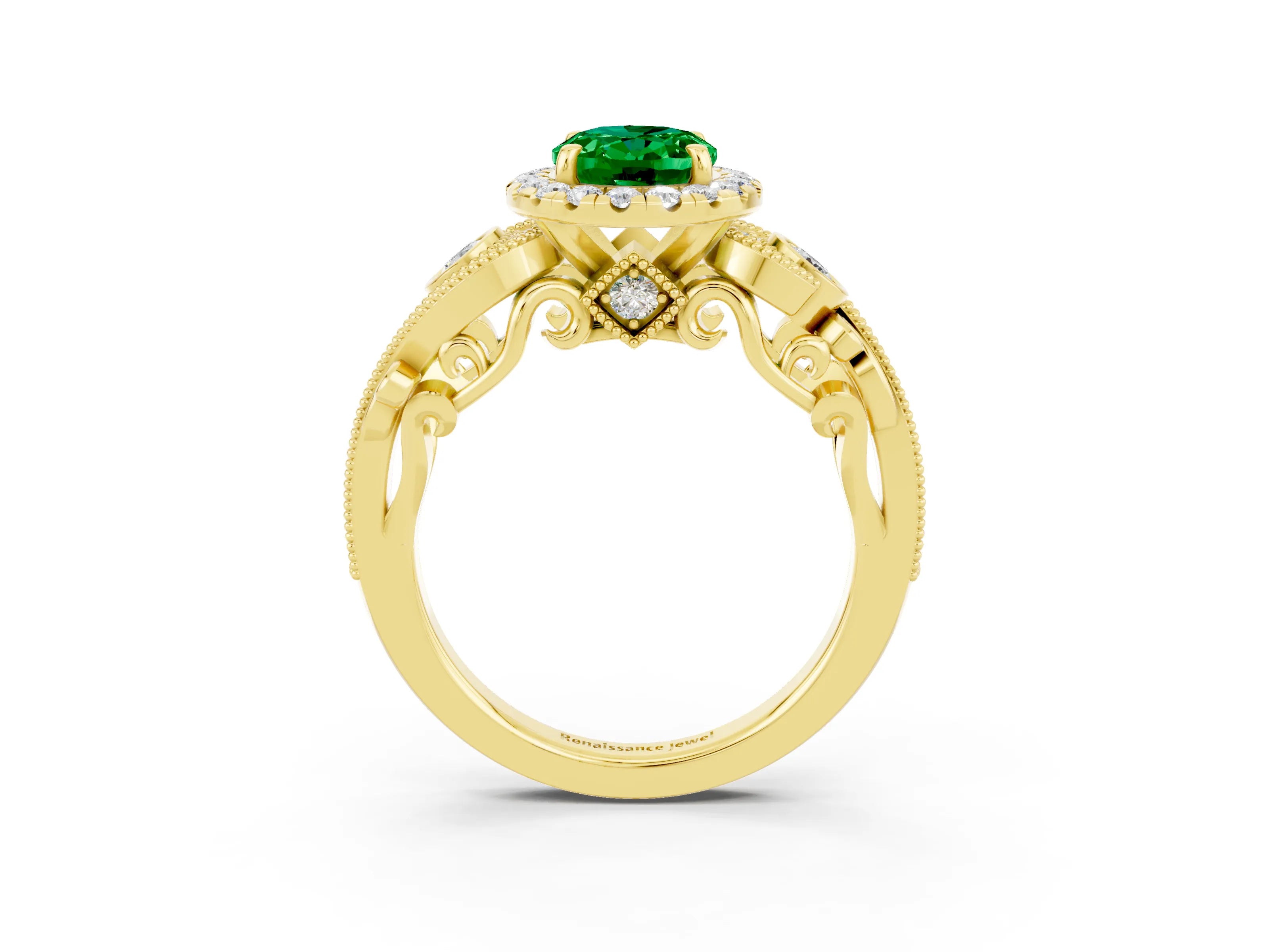 Yellow gold Oval Cut Emerald Halo Ring with Milgrain Pavé Band and Four-Prong Setting_35