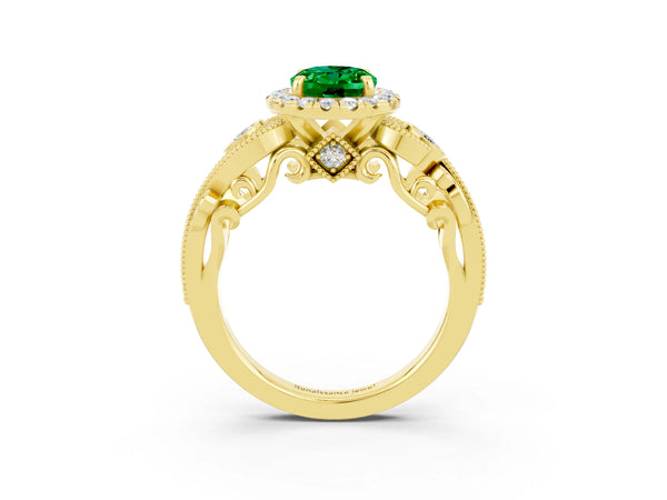 Yellow gold Oval Cut Emerald Halo Ring with Milgrain Pavé Band and Four-Prong Setting