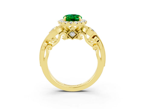 Yellow gold Oval Cut Emerald Halo Ring with Milgrain Pavé Band and Four-Prong Setting_35