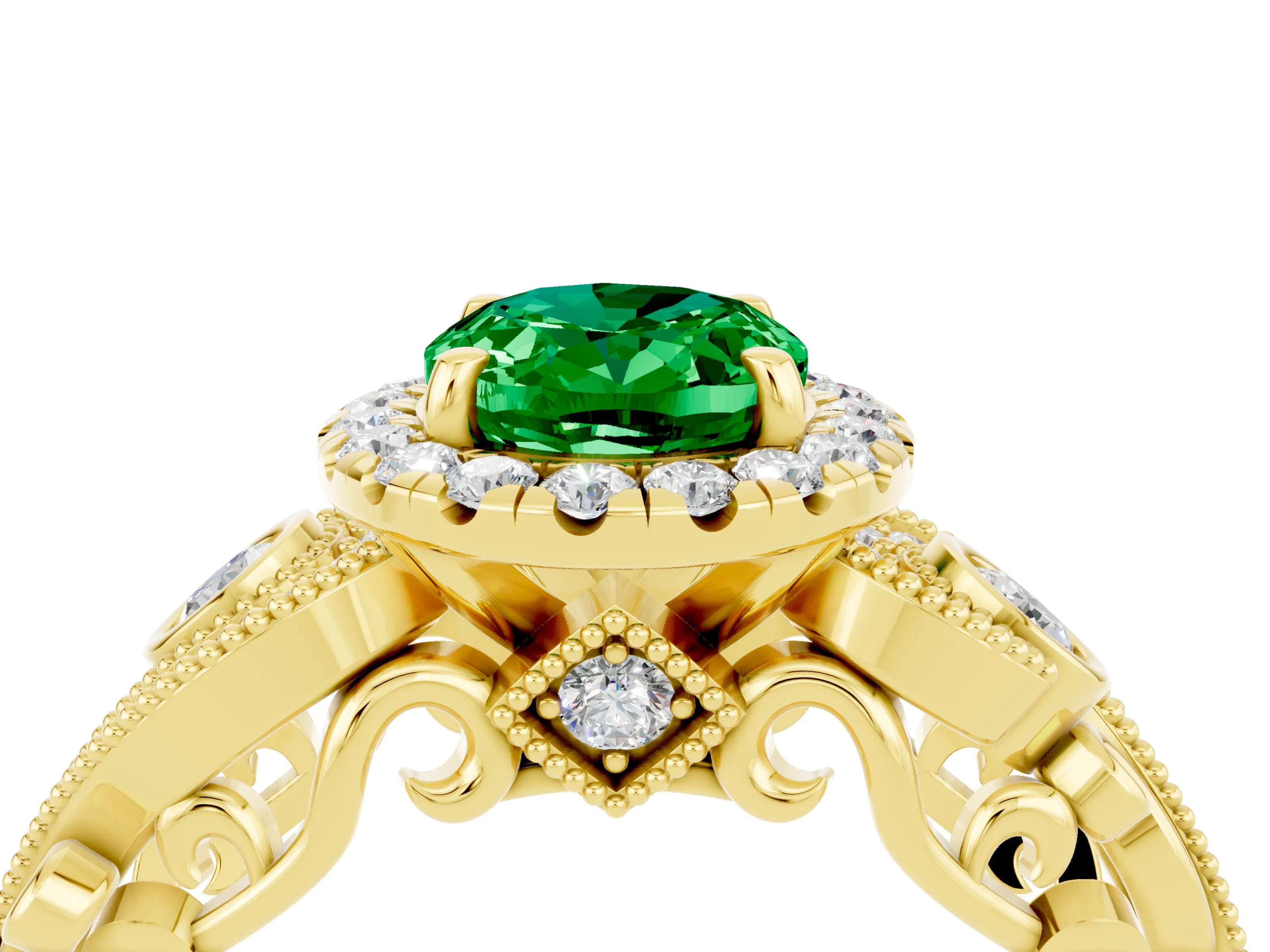 Yellow gold Oval Cut Emerald Halo Ring with Milgrain Pavé Band and Four-Prong Setting_36