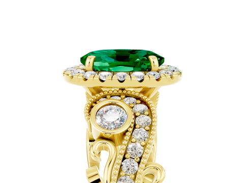 Yellow gold Oval Cut Emerald Halo Ring with Milgrain Pavé Band and Four-Prong Setting_37