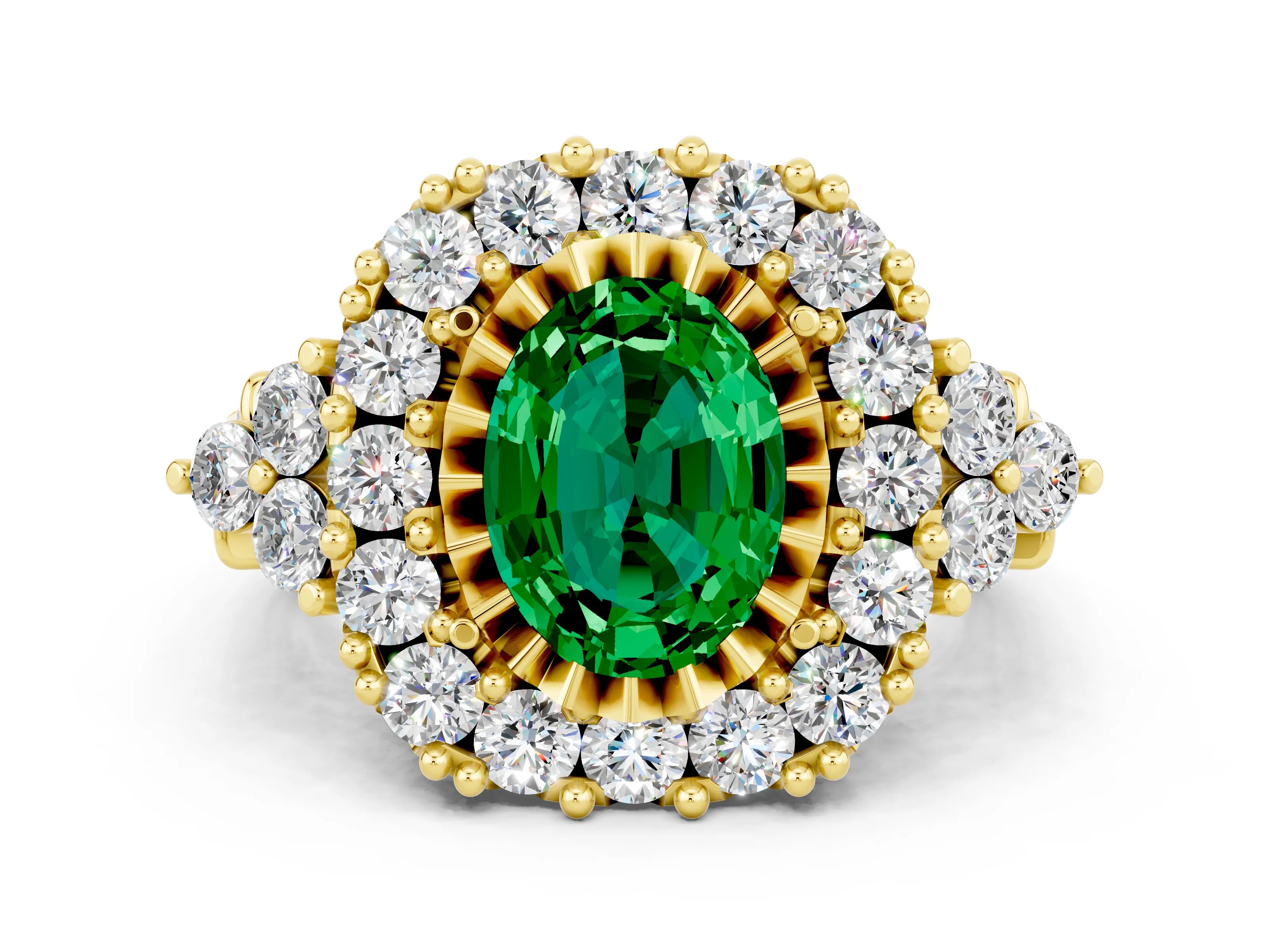 Yellow gold Oval Cut Emerald Halo Ring with Pavé Band and Four-Prong Setting_12