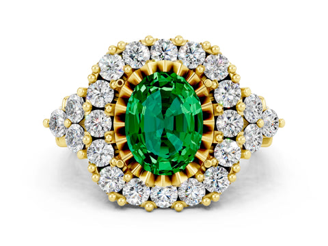 Yellow gold Oval Cut Emerald Halo Ring with Pavé Band and Four-Prong Setting_12