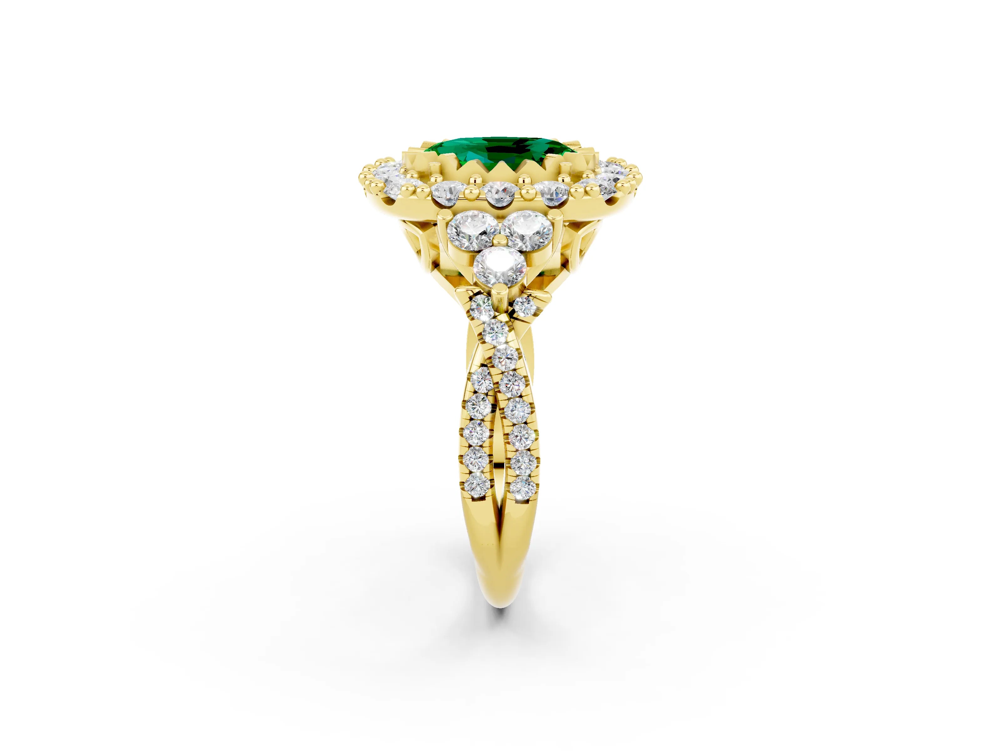 Yellow gold Oval Cut Emerald Halo Ring with Pavé Band and Four-Prong Setting_14
