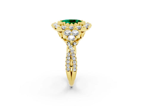 Yellow gold Oval Cut Emerald Halo Ring with Pavé Band and Four-Prong Setting_14