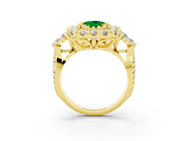 Yellow gold Oval Cut Emerald Halo Ring with Pavé Band and Four-Prong Setting