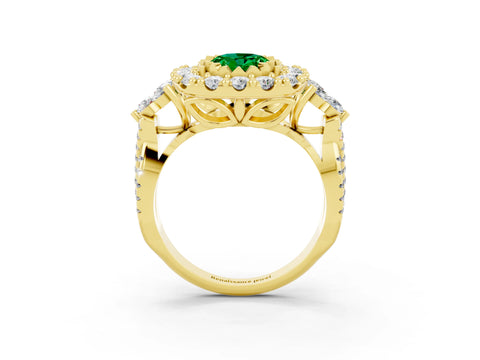 Yellow gold Oval Cut Emerald Halo Ring with Pavé Band and Four-Prong Setting_15