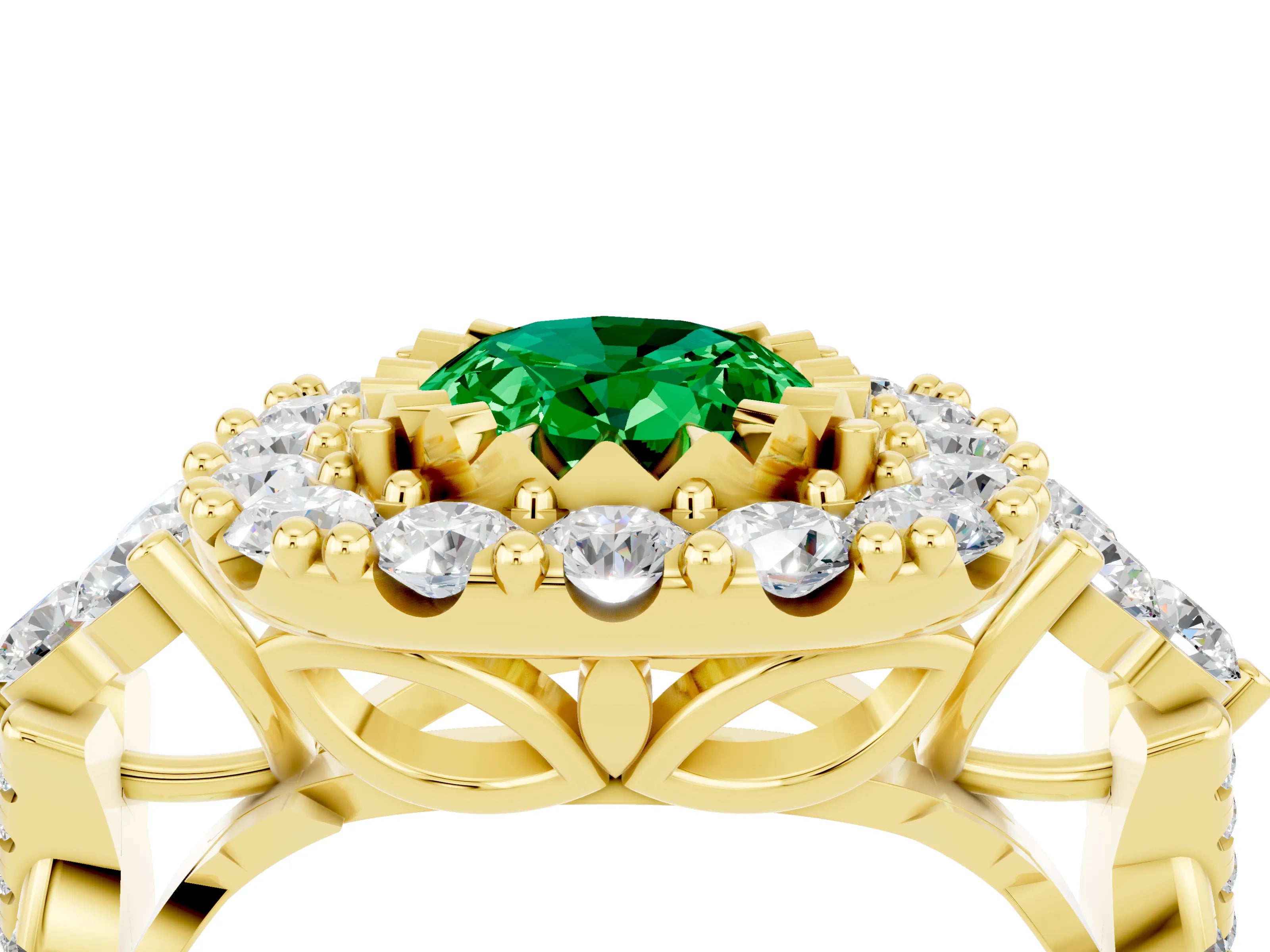 Yellow gold Oval Cut Emerald Halo Ring with Pavé Band and Four-Prong Setting_16