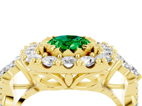 Yellow gold Oval Cut Emerald Halo Ring with Pavé Band and Four-Prong Setting_16