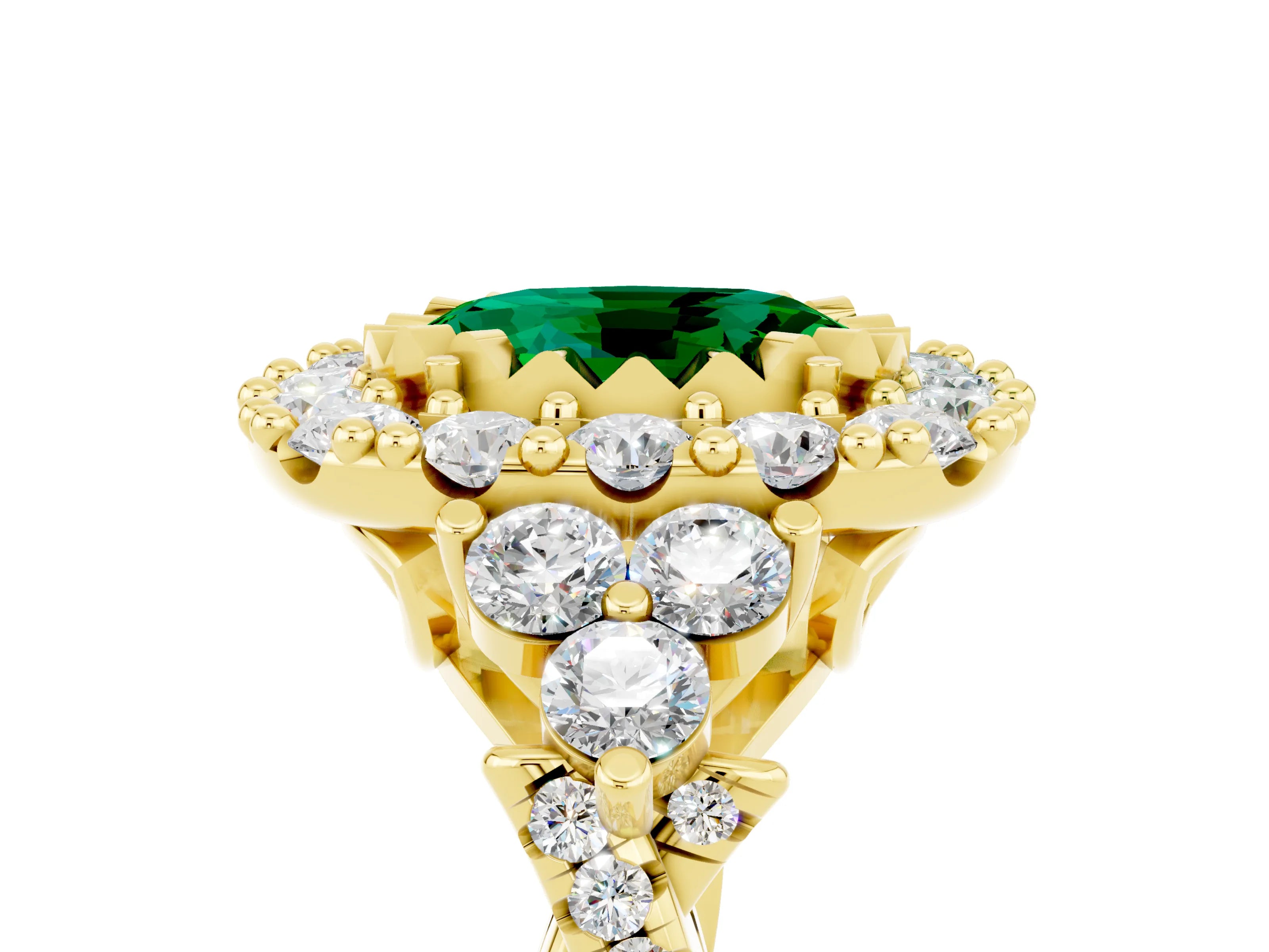Yellow gold Oval Cut Emerald Halo Ring with Pavé Band and Four-Prong Setting_17