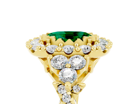 Yellow gold Oval Cut Emerald Halo Ring with Pavé Band and Four-Prong Setting_17