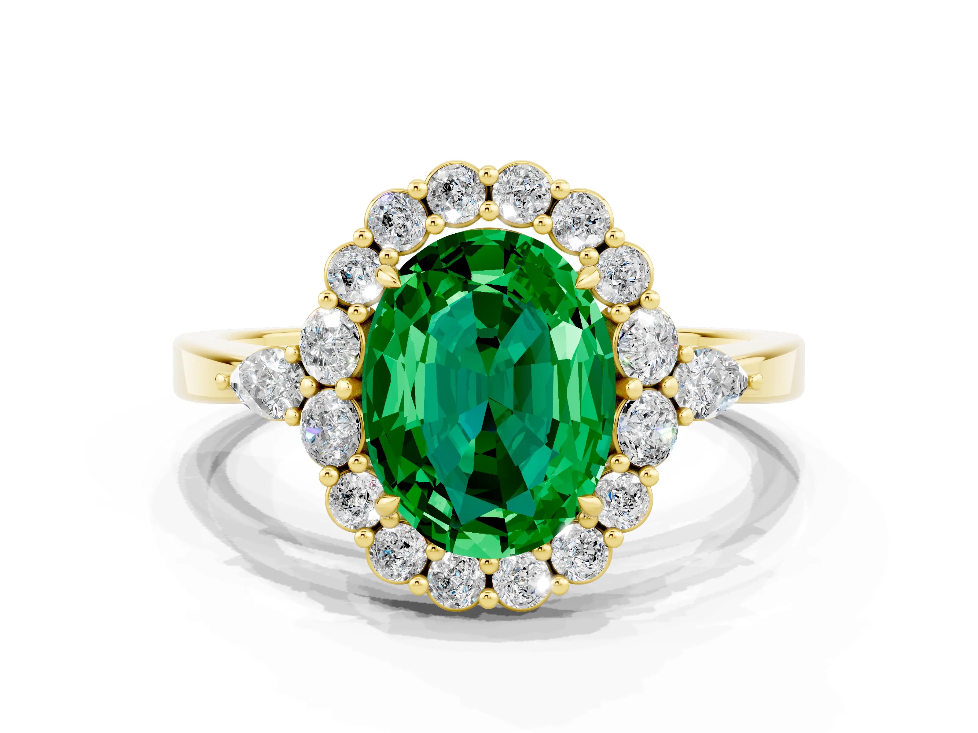 Yellow gold Oval Cut Emerald Halo Ring with Pear Side Stones and Prong Setting_12