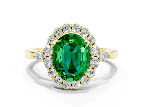 Yellow gold Oval Cut Emerald Halo Ring with Pear Side Stones and Prong Setting