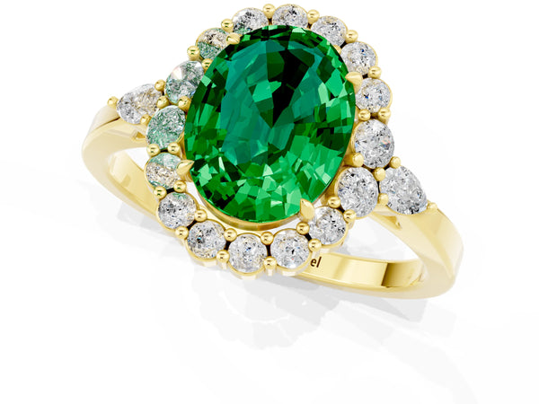 Yellow gold Oval Cut Emerald Halo Ring with Pear Side Stones and Prong Setting