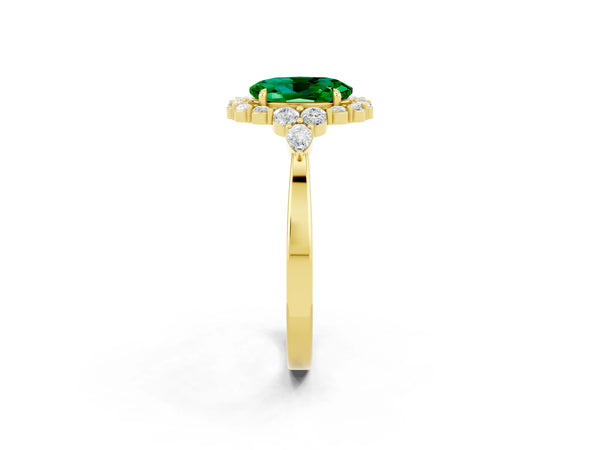 Yellow gold Oval Cut Emerald Halo Ring with Pear Side Stones and Prong Setting