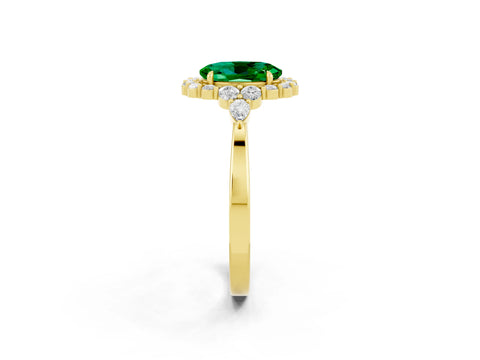 Yellow gold Oval Cut Emerald Halo Ring with Pear Side Stones and Prong Setting_14
