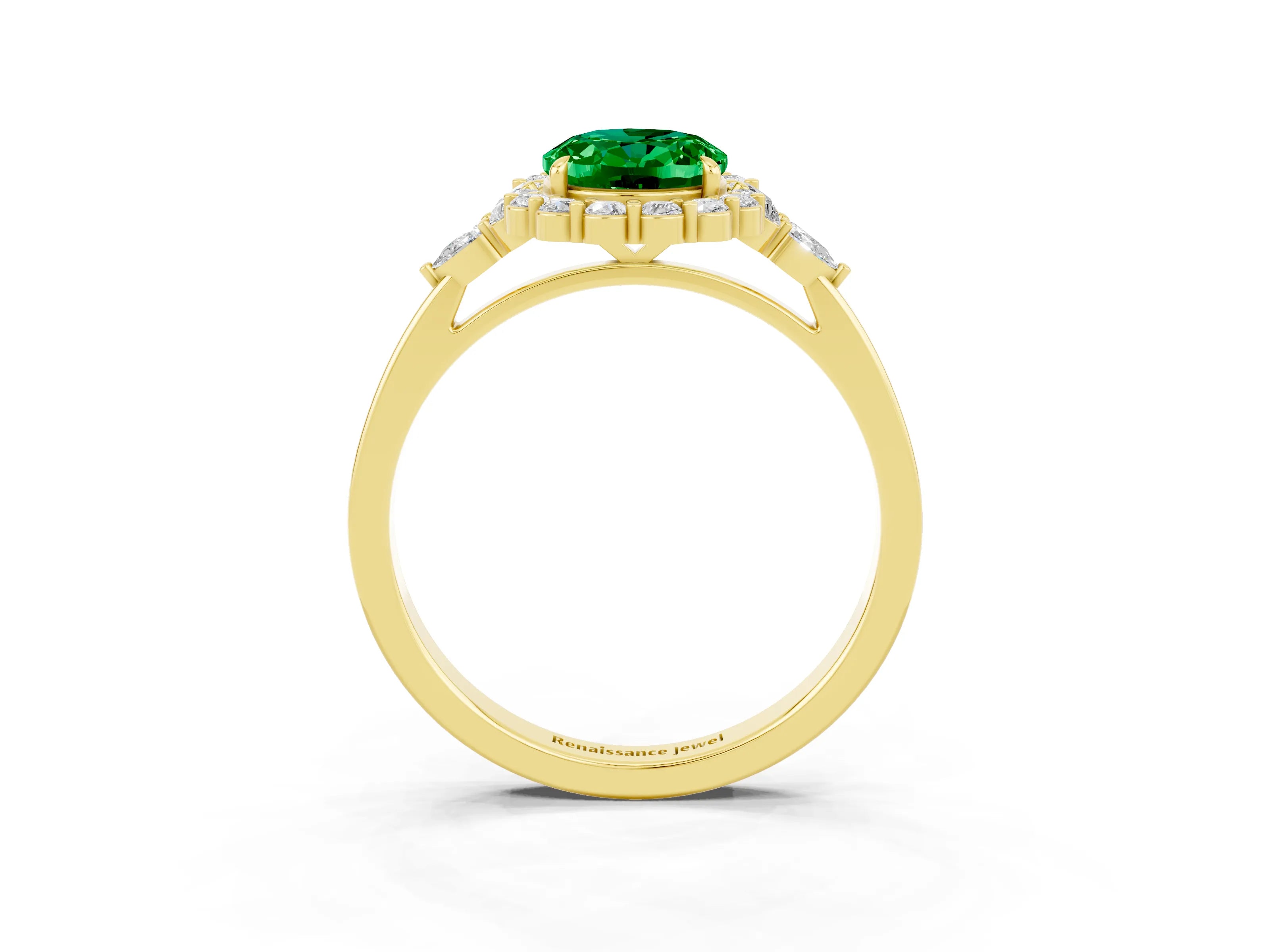 Yellow gold Oval Cut Emerald Halo Ring with Pear Side Stones and Prong Setting_15