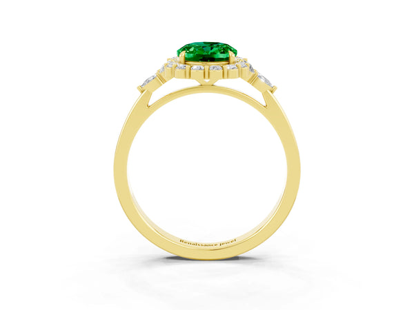 Yellow gold Oval Cut Emerald Halo Ring with Pear Side Stones and Prong Setting