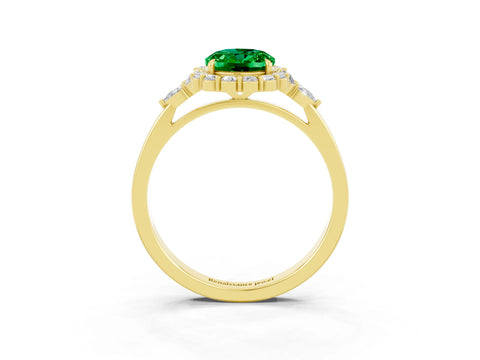 Yellow gold Oval Cut Emerald Halo Ring with Pear Side Stones and Prong Setting_15