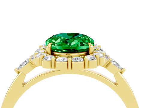 Yellow gold Oval Cut Emerald Halo Ring with Pear Side Stones and Prong Setting_16