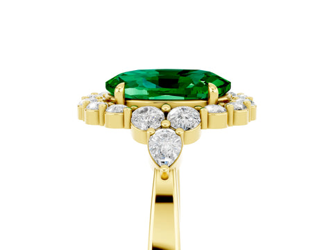 Yellow gold Oval Cut Emerald Halo Ring with Pear Side Stones and Prong Setting_17
