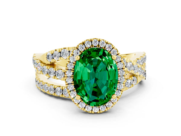 Yellow gold Oval Cut Emerald Halo Ring with Round Split Shank and Prong Setting