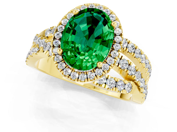Yellow gold Oval Cut Emerald Halo Ring with Round Split Shank and Prong Setting