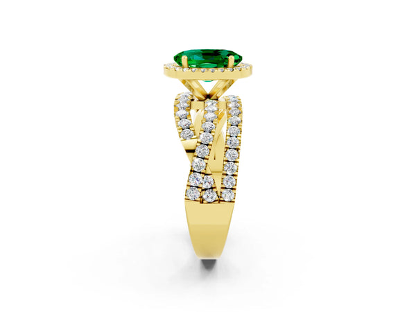 Yellow gold Oval Cut Emerald Halo Ring with Round Split Shank and Prong Setting
