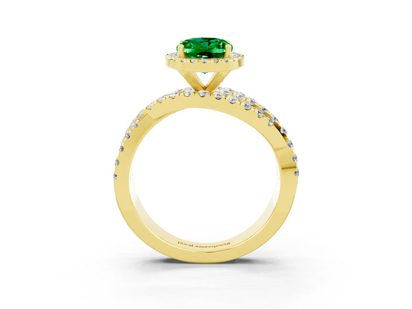 Yellow gold Oval Cut Emerald Halo Ring with Round Split Shank and Prong Setting