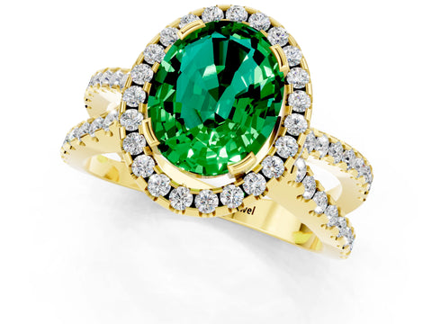 Yellow gold Oval Cut Emerald Halo Ring with Split Shank Pavé Band and Prong Setting_1