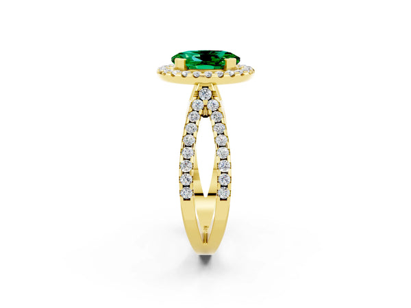 Yellow gold Oval Cut Emerald Halo Ring with Split Shank Pavé Band and Prong Setting