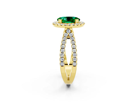 Yellow gold Oval Cut Emerald Halo Ring with Split Shank Pavé Band and Prong Setting_2