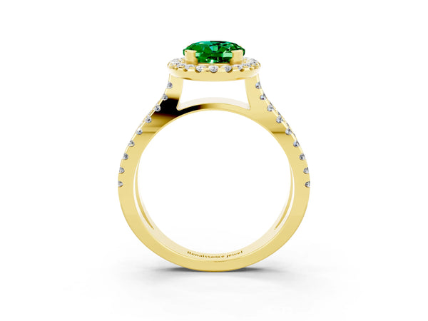 Yellow gold Oval Cut Emerald Halo Ring with Split Shank Pavé Band and Prong Setting