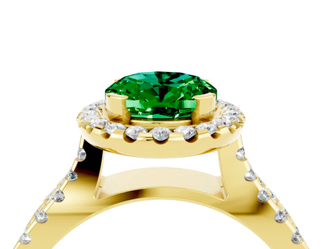 Yellow gold Oval Cut Emerald Halo Ring with Split Shank Pavé Band and Prong Setting_4