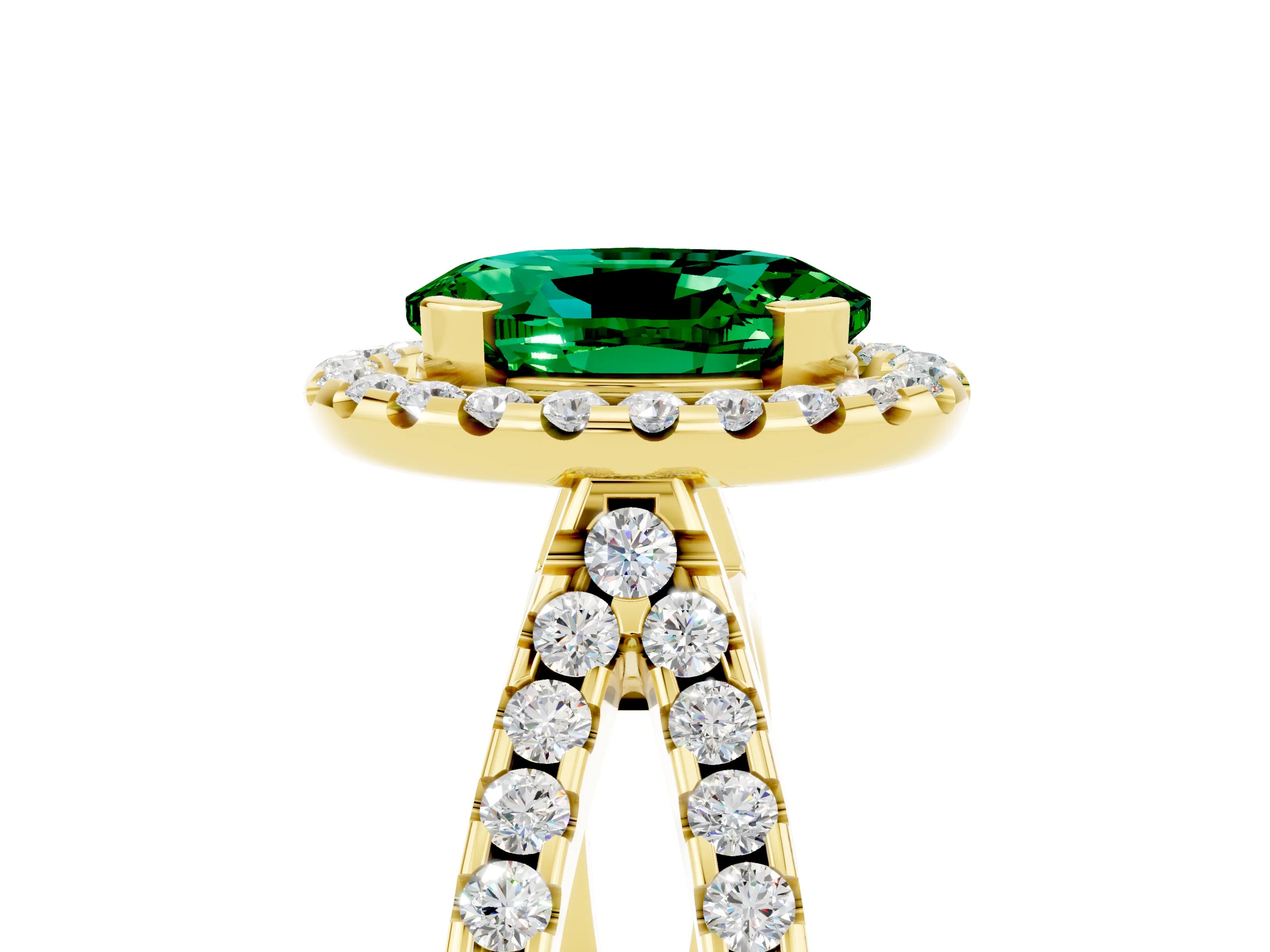 Yellow gold Oval Cut Emerald Halo Ring with Split Shank Pavé Band and Prong Setting_5
