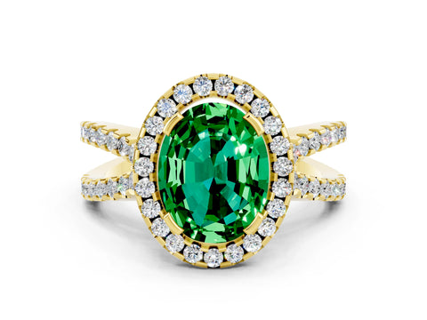 Yellow gold Oval Cut Emerald Halo Ring with Split Shank Pavé Band and Prong Setting