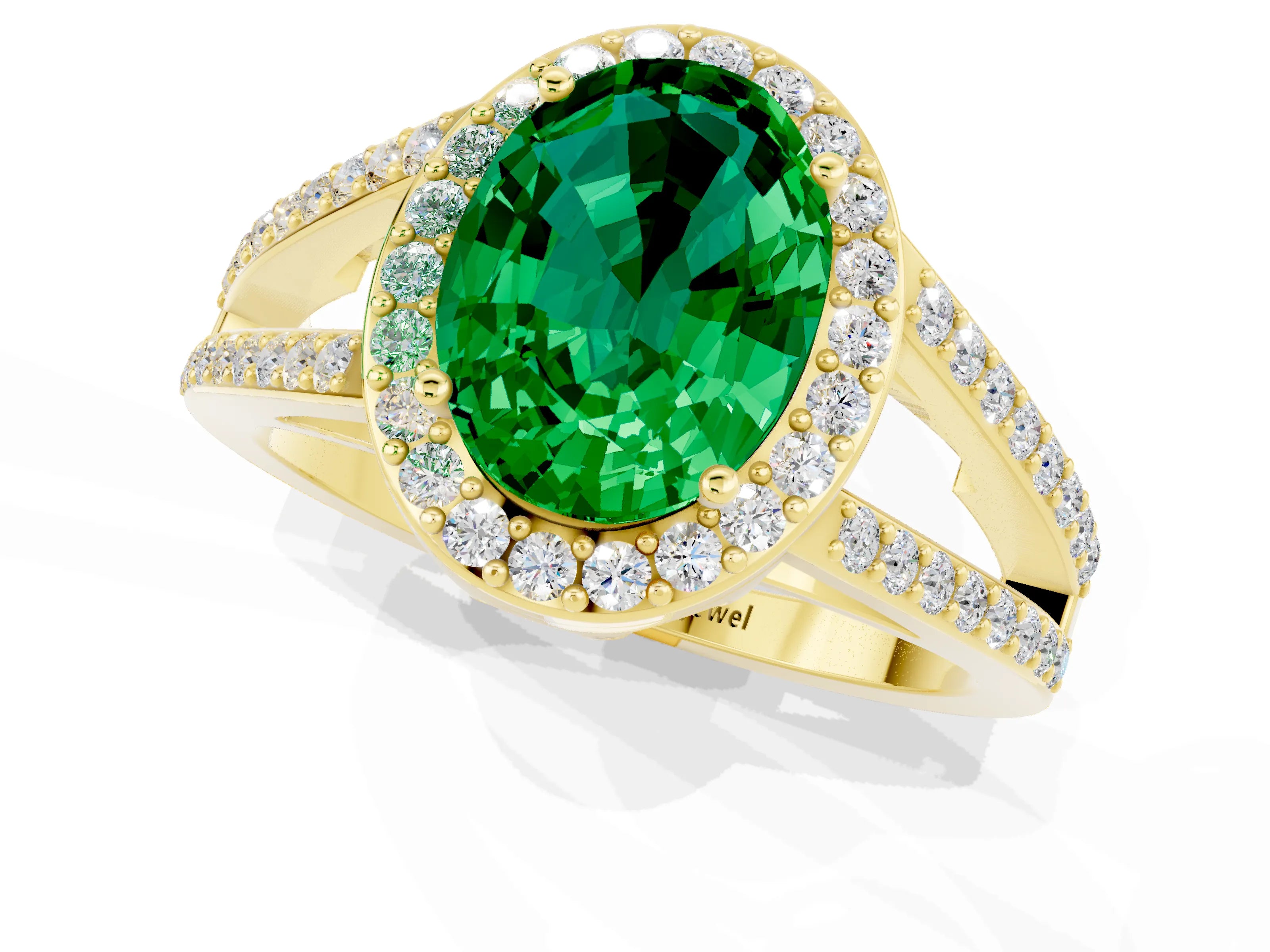 Yellow gold Oval Cut Emerald Halo Ring with Split Shank U-Prong Band and Four-Prong Setting_1