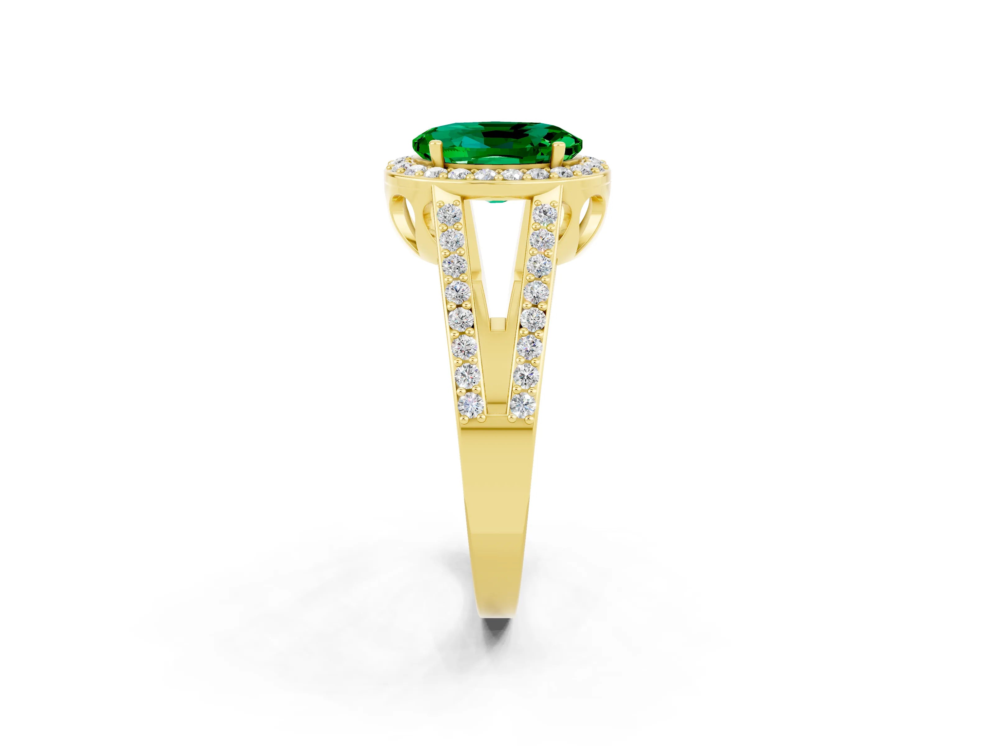 Yellow gold Oval Cut Emerald Halo Ring with Split Shank U-Prong Band and Four-Prong Setting_2