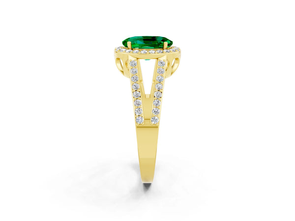 Yellow gold Oval Cut Emerald Halo Ring with Split Shank U-Prong Band and Four-Prong Setting