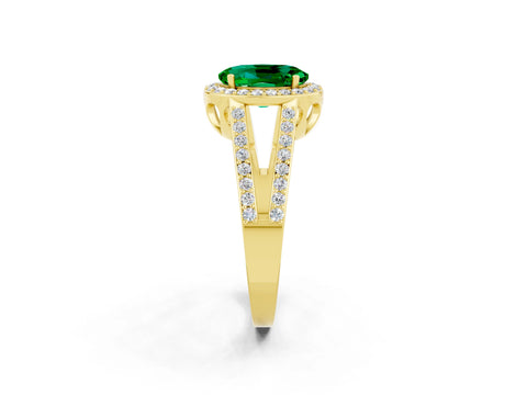 Yellow gold Oval Cut Emerald Halo Ring with Split Shank U-Prong Band and Four-Prong Setting_2