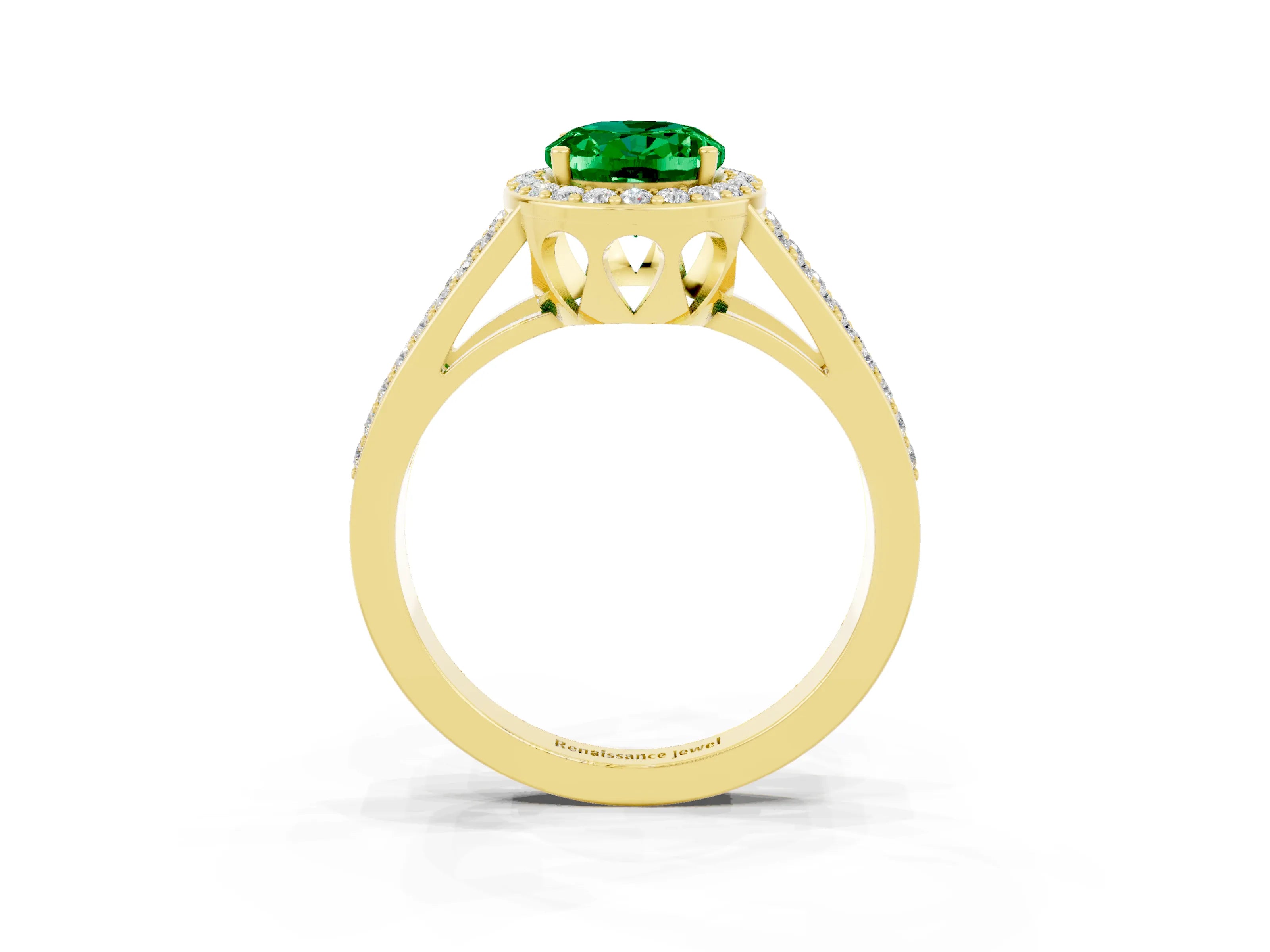 Yellow gold Oval Cut Emerald Halo Ring with Split Shank U-Prong Band and Four-Prong Setting_3