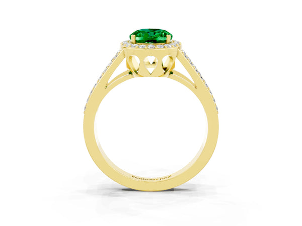 Yellow gold Oval Cut Emerald Halo Ring with Split Shank U-Prong Band and Four-Prong Setting