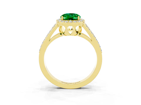 Yellow gold Oval Cut Emerald Halo Ring with Split Shank U-Prong Band and Four-Prong Setting_3