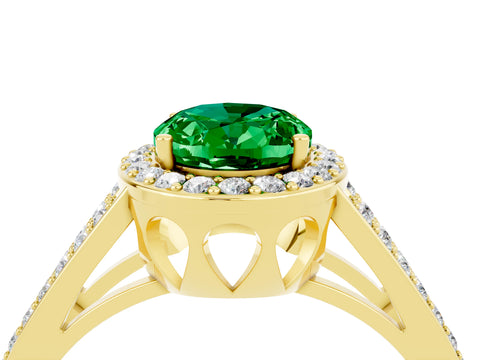 Yellow gold Oval Cut Emerald Halo Ring with Split Shank U-Prong Band and Four-Prong Setting_4