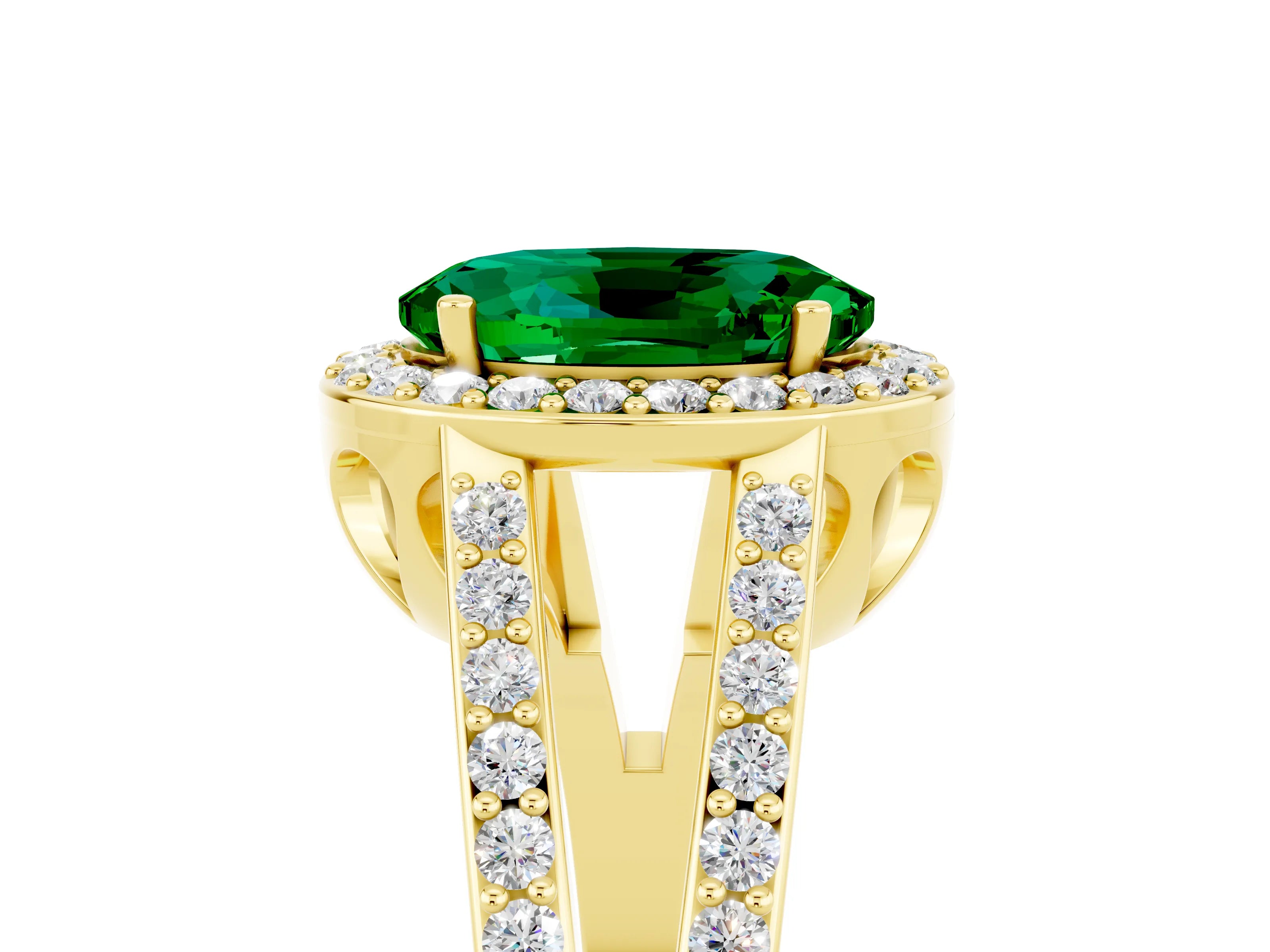 Yellow gold Oval Cut Emerald Halo Ring with Split Shank U-Prong Band and Four-Prong Setting_5